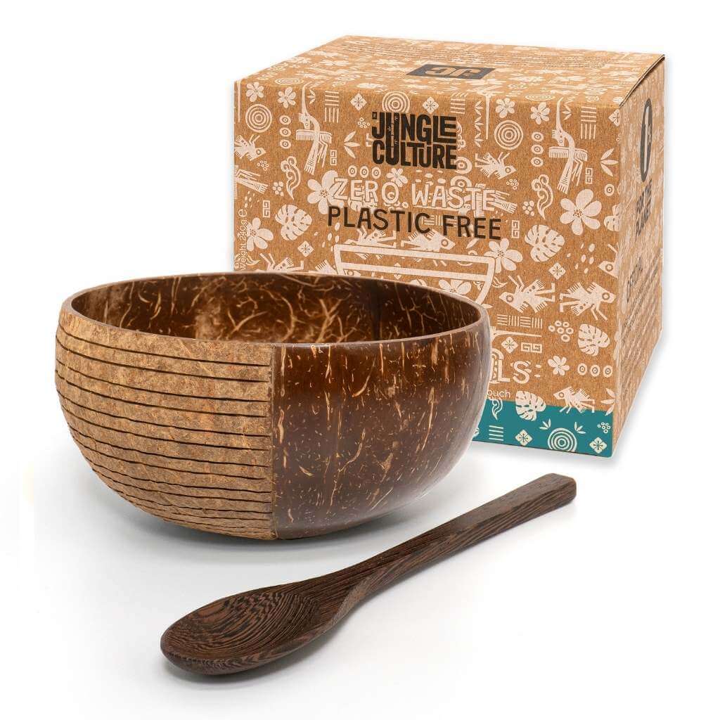 Natural Coconut Bowl with Handmade Wooden Spoon Set (Striped Pattern)