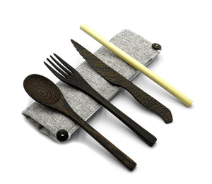 Reclaimed Dark Wood Cutlery Set in Light Grey Bag - Handmade