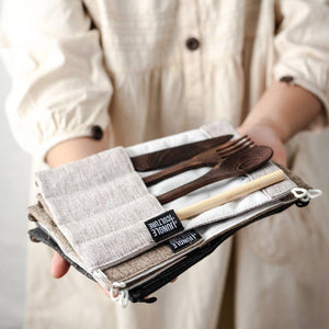 Reclaimed Dark Wood Cutlery Set in Light Grey Bag - Handmade