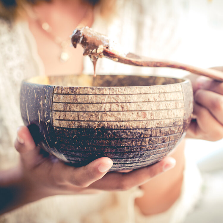 Natural Coconut Bowl with Handmade Wooden Spoon Set (Striped Pattern)