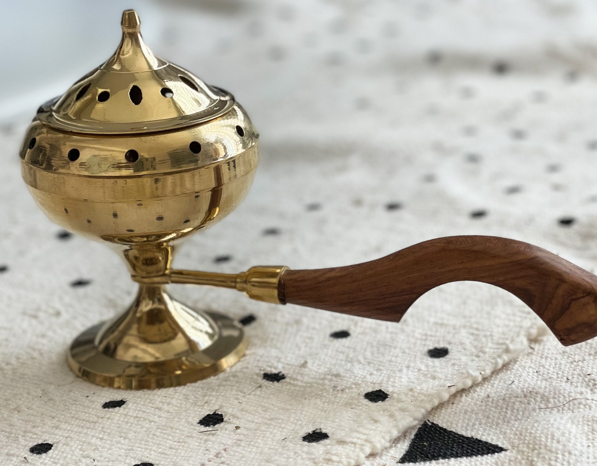 Brass Incense Burner with Long Wood Handle